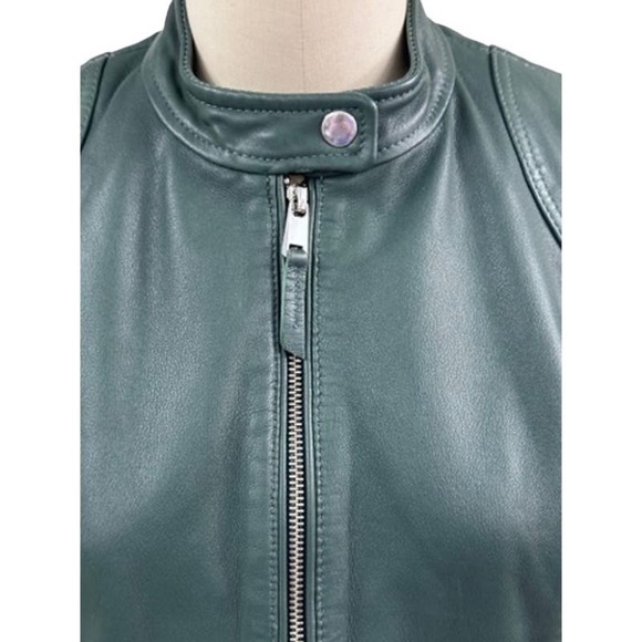 VTG Liebeskind Berlin Green Leather Jacket Sz L Poly Lined Adjustable Waist - Picture 2 of 10